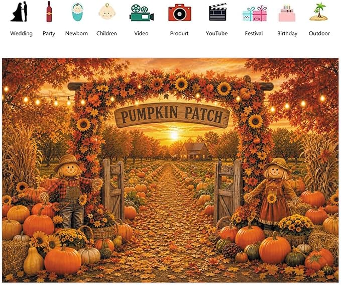 Fall Pumpkin Patch Backdrop 12x10ft Thanksgiving Autumn Harvest Scarecrow Sunflower Photography Background Fall Pumpkin Leaves Theme Baby Shower Party Decorations Photo Booth Props Vinyl - Image 2