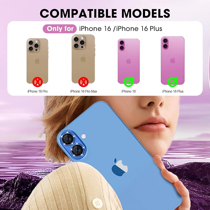 for iPhone 16/16 Plus Camera Lens Protector Bling Glitter, Blue | Individual Metal, 9H Hardness, Scratch Resistant, Shockproof, Drop Protection, Case Friendly, Stylish Accessories - Image 2