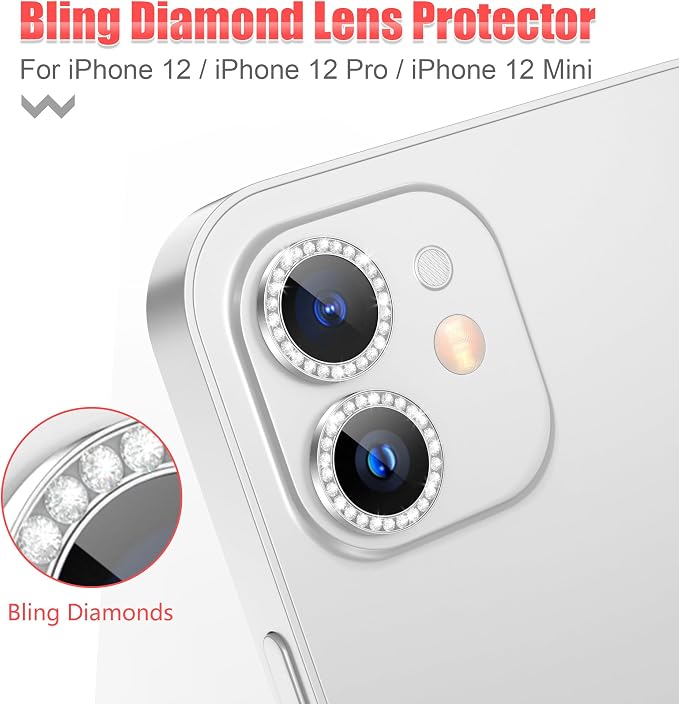 AGVEE 3+3 6 Pack for iPhone 12 & Mini & Pro Camera Lens Protector Cover | Individual Bling Diamond & Bling Glitter Sparkle Cute Gem Metal Ring, 9H Tempered HD Glass - Image 4