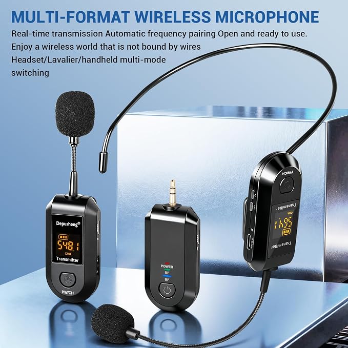 Depusheng 2.4G Wireless Microphone Headset,Lavalier and Handheld Mic 160ft Range,with 1/8''&1/4'' Plug for PA System,Voice Amplifier (Two Headset Microphone) - Image 4