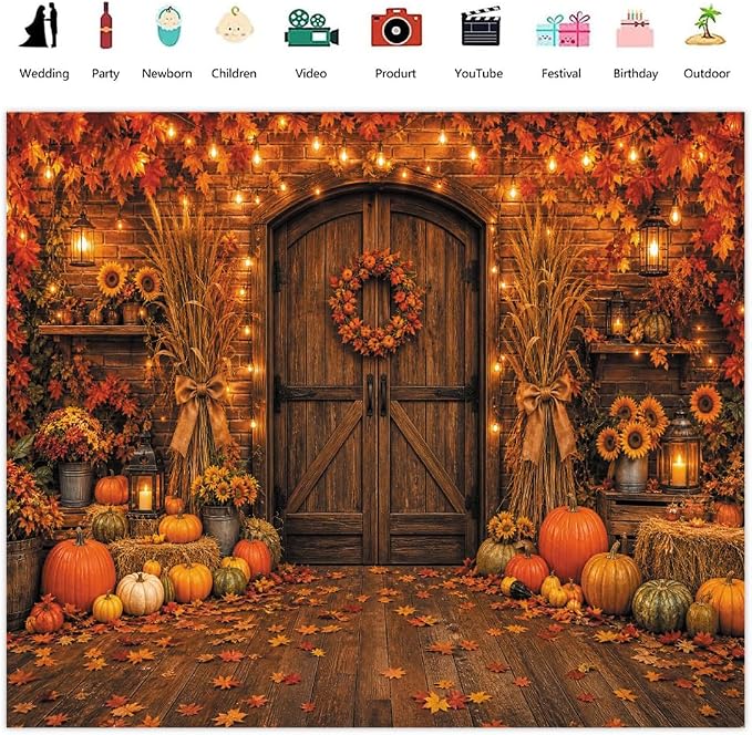 Rustic Barn Wooden Door Fall Backdrop 8x8ft Brick Wall Maple Leaf String Light Thanksgiving Background Pumpkin Sunflower Haystack Harvest Autumn Famliy Party Decorations Vinyl - Image 2