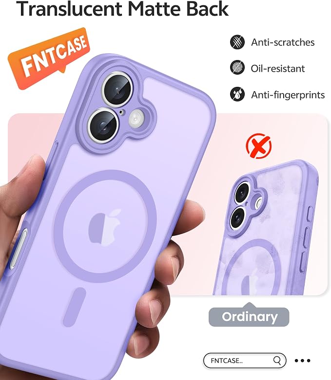 FNTCASE for iPhone 16 Plus Case, Fit for Magsafe, Screen Protector | Full Camera Protection, Translucent Matte, 14FT Military Grade Drop Proof, Shockproof Protective Phone Cover, Light Purple - Image 6