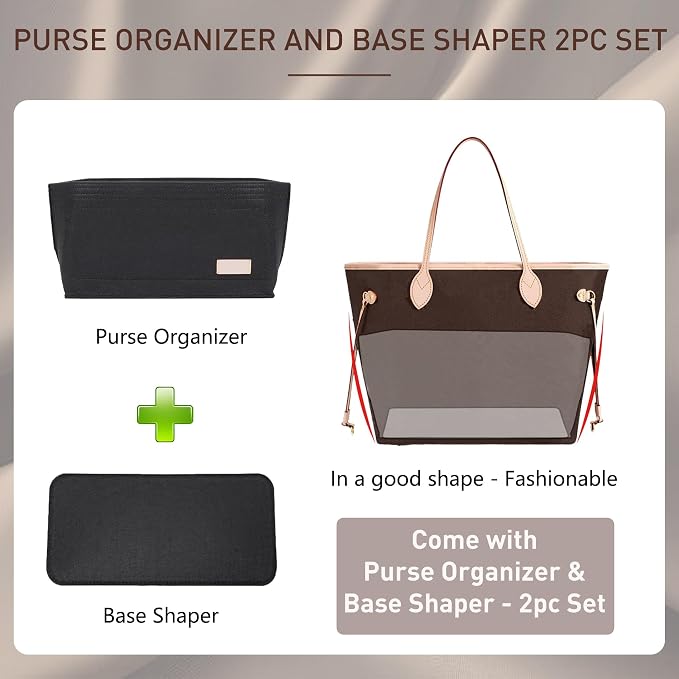 Doxo Purse Organizer Insert for Handbags & Base Shaper 2pc Set, Felt Neverfull PM Organizer Insert, Tote Bag Organizer with Zipper Pocket and Bottle Holder, Fit Neverfull PM and More, Black-M - Image 3