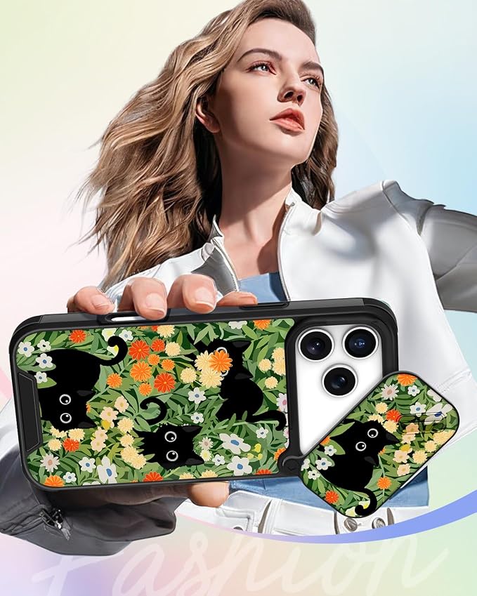 Buleens for iPhone 17 Pro Case 6.3 Inch - with Ring Stand & Camera Cover Aesthetic Cute Designed for Women Girls Pretty Girly Cat Flowers Phone Case for iPhone 17 Pro Compatible with Magsafe - Image 6
