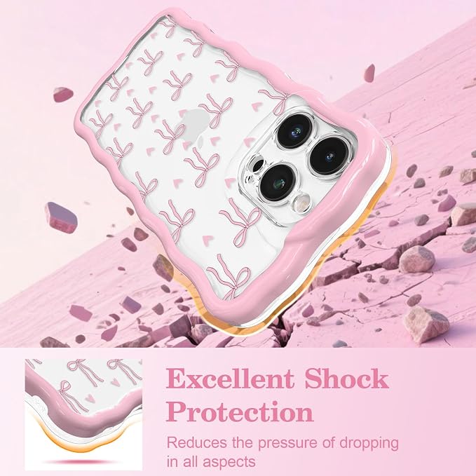 QLTYPRI for iPhone 14 Pro Pink Bow Case, Clear Cute Pink Ribbon Bow Phone Case Curly Wavy Aesthetic Phone Cover, Soft Slim Transparent TPU Shockproof Protective Cover for Women Girls - Love Bow - Image 4