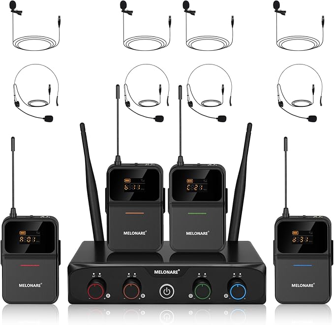MELONARE Compact 4-Channel UHF Wireless Microphone System MWM-41-4B | 4 Headset/Lapel Microphones, 4 x 10 Frequencies, 200 ft Range, Hands-Free Vocals, Church, Conference by MELONARE
