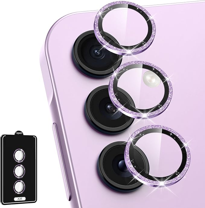 for Samsung Galaxy A35 5G Camera Lens Protector, Individual Metal Ring Tempered Glass Lens Cover, [Strong Adsorption] Scratch Resistant Ultra-Thin HD Clear Lens Cover, 1 Set-Purple Sparkly by Btscase