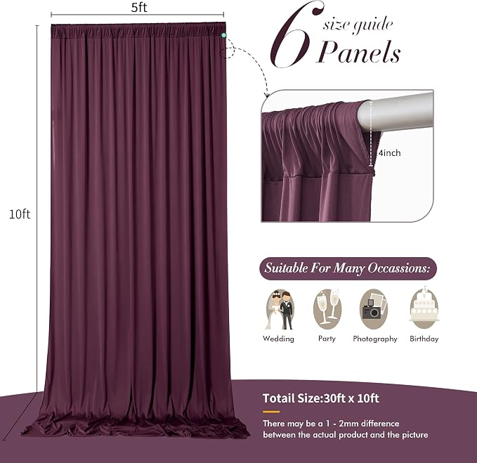 30 ft x 10 ft Wrinkle Free Maroon Backdrop Curtain for Parties, Polyester Burgundy Photo Backdrop Drapes 6 Panels 5x10ft for Baby Shower Wedding Birthday Party Engagement Ceremony Decoration - Image 5