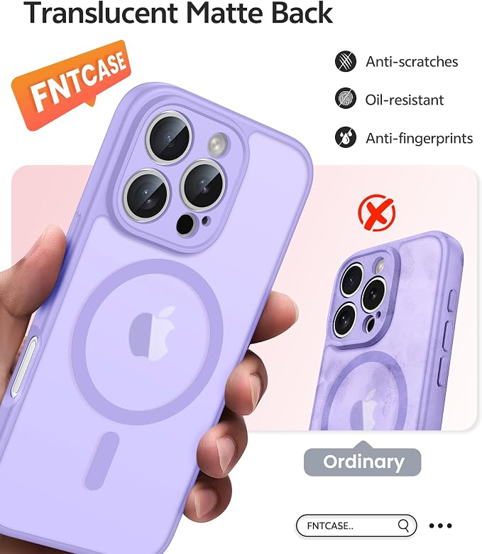 FNTCASE for iPhone 16 Pro Case, Fit for Magsafe, with Screen Protector | Full Camera Protection, Translucent Matte, 14FT Military Grade Drop Proof, Shockproof Protective Phone Cover, Light Purple - Image 6