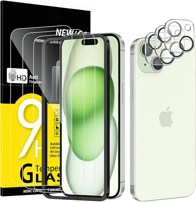 NEW'C 3x for iPhone 15 Plus Screen Protector (6.7 inches)+ 3x Camera Lens Protector, Sensor Protection, Case Friendly Tempered Glass Film + Dust Plug- Easy installation tool include by NEWC