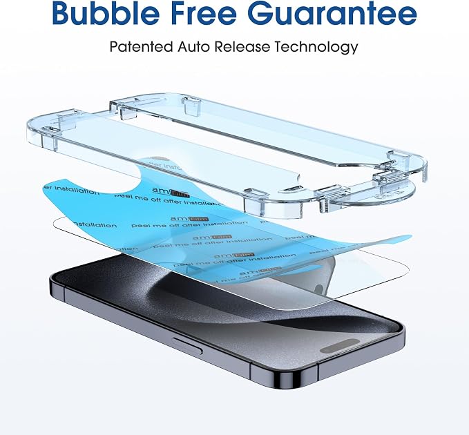 amFilm OneTouch for iPhone 15 Pro Screen Protector 6.1'' Tempered Glass | Auto-Alignment, 30s Install, Bubble Free, Scratch & Drop Protection, HD Clear, Camera Lens Protector[2+2 Pack] (15P-6.1'') - Image 5