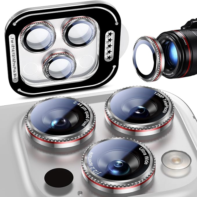 Uyiton for iPhone 17/16/15/14 (Pro Max & Pro) Camera Lens Protector | Unique Lines Text Design, Case-Friendly, Military-Grade Sapphire Glass Metal Camera, Easy to Install, Gearwheel Silver+Red by Uyiton