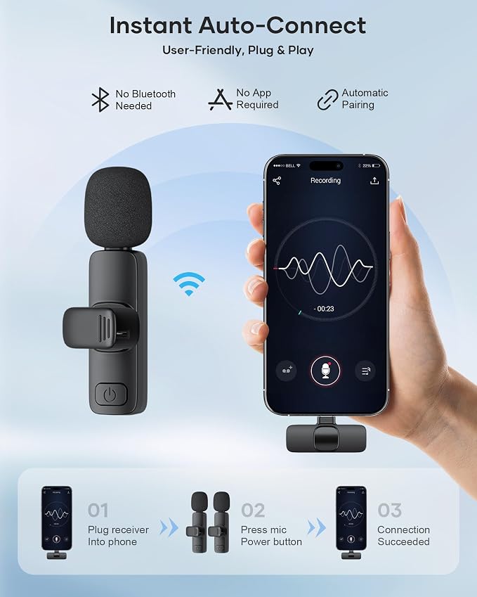 2 Pack Wireless Lavalier Microphone for iPhone iPad and Android Phone, Lapel Mic Plug and Play Wireless Mic Noise Reduction Mini Microphone for Video Recording Interview Podcast Vlog YouTube Tiktok - Image 2