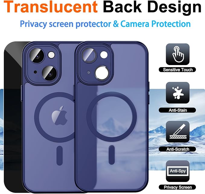 for iPhone 15 Plus Case with Privacy Screen Protector, Blue | Full Camera Protection, Translucent Matte Magnetic, Compatible with MagSafe, Shockproof Phone Cover, Slim Fit - Image 2