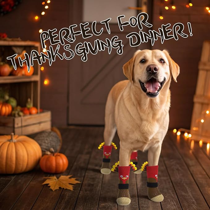 EXPAWLORER Thanksgiving Anti Slip Dog Socks to Prevent Licking Paws,Boots & Paw Protectors with Grippers,Doggie Booties for Hardwood Floors for Small Medium Large Senior Dogs Lifelike Costume Turkey S - Image 2