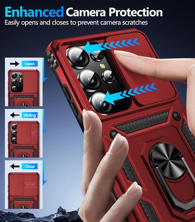 Taisairu for Samsung Galaxy S25 Ultra Case with Screen Protector & Slide Camera Lens Cover, Built-in Magnetic Ring Stand Shockproof Protective Phone Case for Samsung S25 Ultra Case (Red) - Image 6