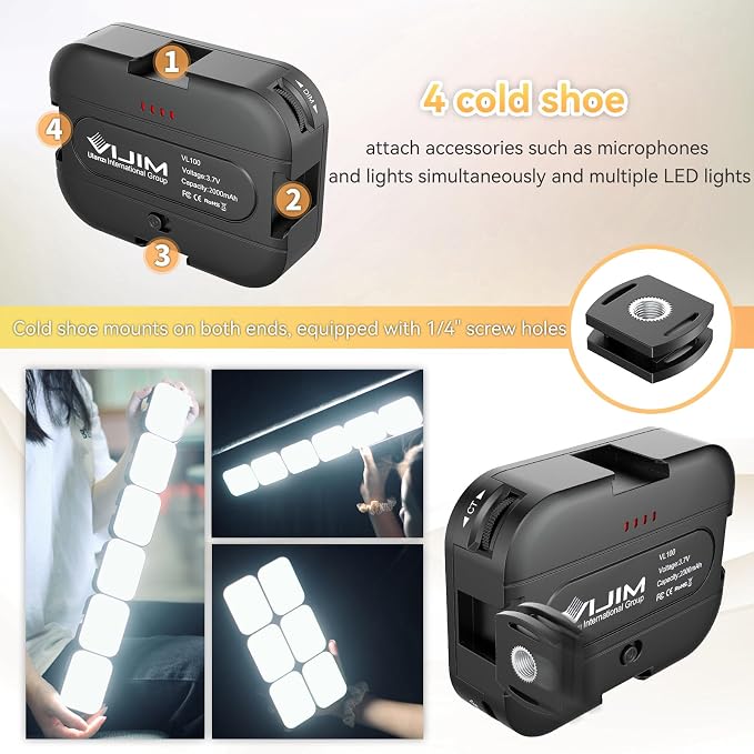 VIJIM VL100C 2 Pack Bi-Color on-Camera LED Video Light, 4 Cold Shoes CRI95 | with Dual Cold Shoe Mount Adapter, Mini Ball Head, Rechargeable 2000mAh Battery, Dimmable 2500-6500K, for DSLR Tripod Shoot - Image 3