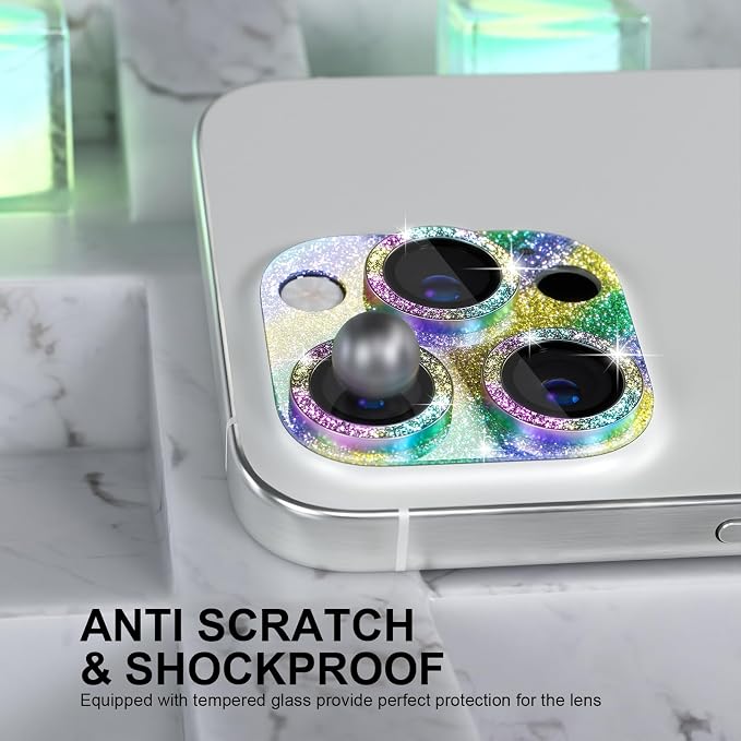 Choiche for iPhone 16 Pro/iPhone 16 Pro Max Camera Lens Protector | Bling Camera Cover with 9H Tempered Glass Lens Screen Protector Metal Ring Decoration Accessories (Glitter-Colorful) - Image 3