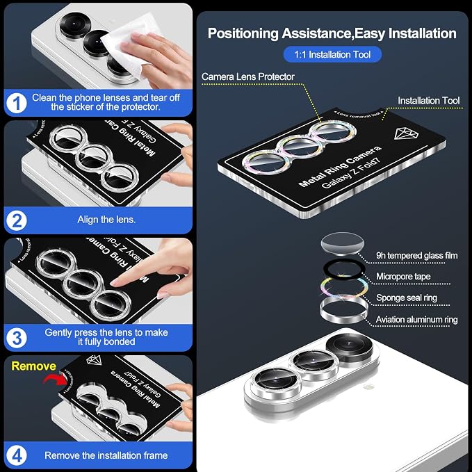 for Samsung Galaxy Z Fold 7 Camera Lens Protector, Individual Metal Ring Tempered Glass Lens Cover, [Strong Adsorption] Scratch Resistant Ultra-Thin HD Clear Lens Cover, 1 Set-Colorful Sparkly - Image 6