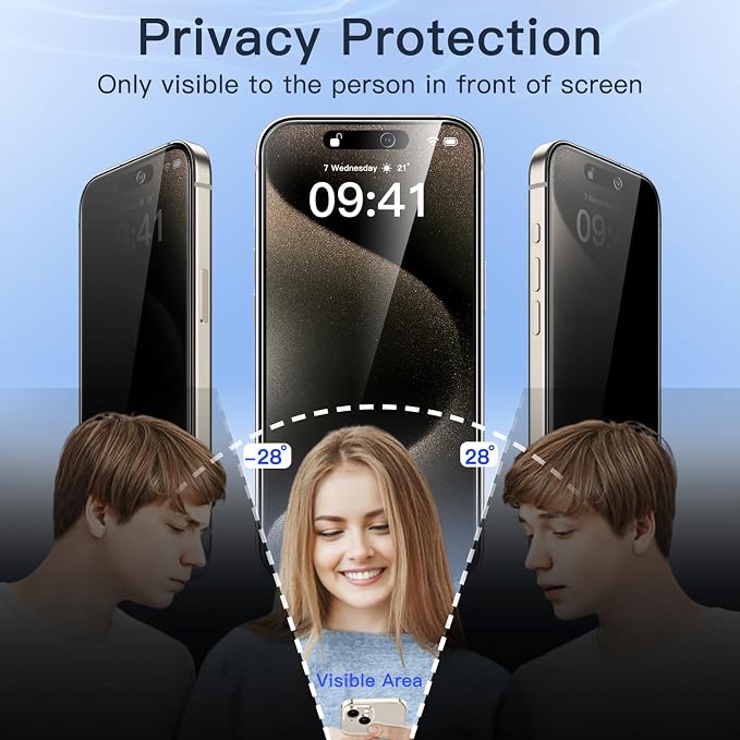 JETech Privacy Screen Protector for iPhone 15 Pro Max, 2+2 Pack | Anti-Spy Tempered Glass, with Camera Lens Protector, Easy Installation Tool - Image 4
