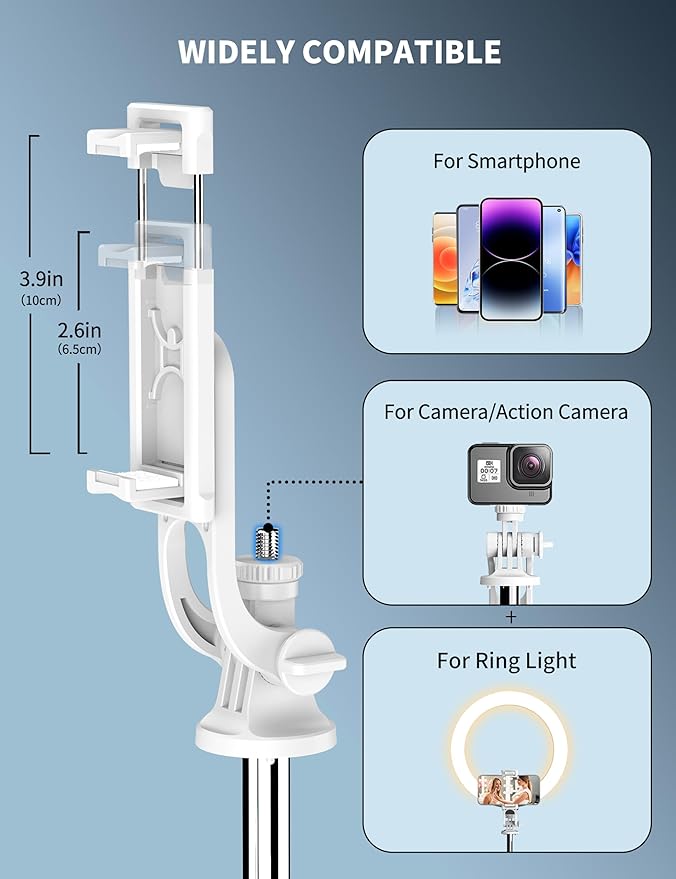71" Cell Phone Selfie Stick Tripod, Smartphone Tripod Stand with Remote, Extendable Travel Phone Selfie Stick Compatible with iPhone 17/16/15/14/13 Pro Max Gopro Android DJI (White) - Image 4