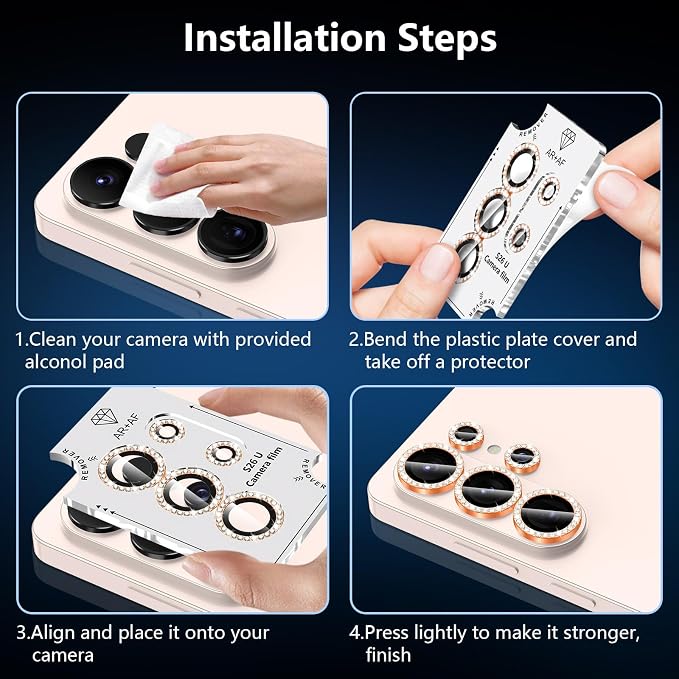 for Samsung Galaxy S26 Ultra Camera Lens Protector, Individual Metal Ring Tempered Glass Lens Cover, [Strong Adsorption] Scratch Resistant Ultra-Thin HD Clear Lens Cover, 1 Set-Orange Diamond - Image 7