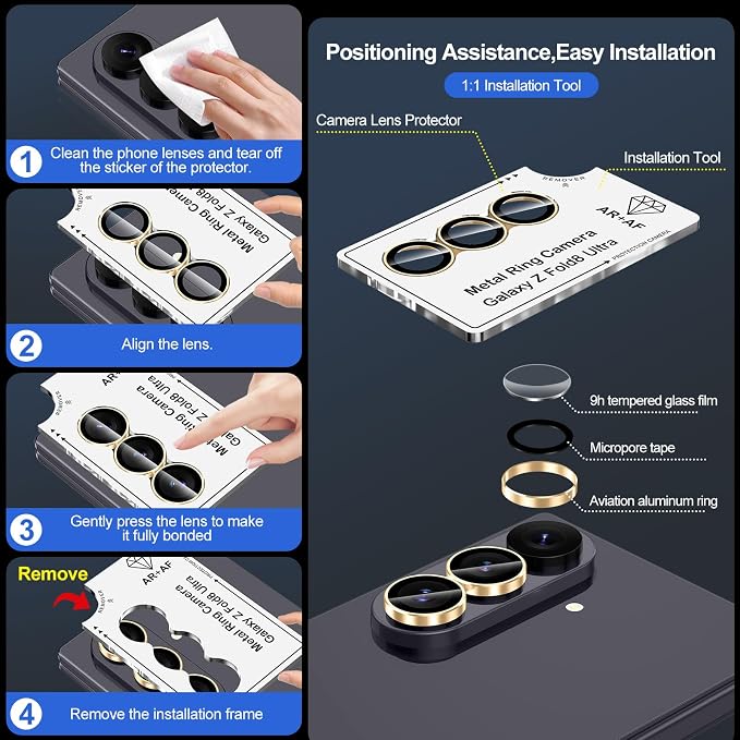 for Samsung Galaxy Z Fold 8 Ultra Camera Lens Protector, Individual Metal Ring Tempered Glass Lens Cover, [Strong Adsorption] Scratch Resistant Ultra-Thin HD Clear Lens Cover, 1 Set-Gold Ring - Image 7