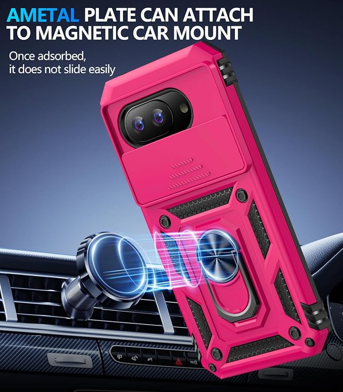 Taisairu for Google Pixel 9A Case with Screen Protector & Slide Camera Lens Cover,Built-in 360°Rotate Magnetic Ring Stand Shockproof Protective Phone Case for Google Pixel 9A Case(Hot Pink) - Image 5