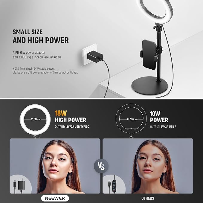 NEEWER 18W 8" Desk Ring Light with Stand, Circle Selfie Light for iPhone Streaming Makeup Video Recording, Video Conference Lighting Kit with Phone Holder for Laptop Computer Zoom Call Podcast, RH8B - Image 5