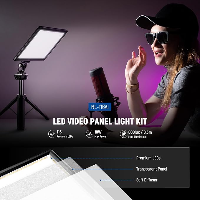 NEEWER 9" LED Video Light Panel, Dimmable DSLR Camera Soft Lighting with Mini Desk Tripod Stand, USB Type C Ports, 3200K~5600K CRI95+ for Studio Photography Video Recording Live Streaming, NL-116AI - Image 2