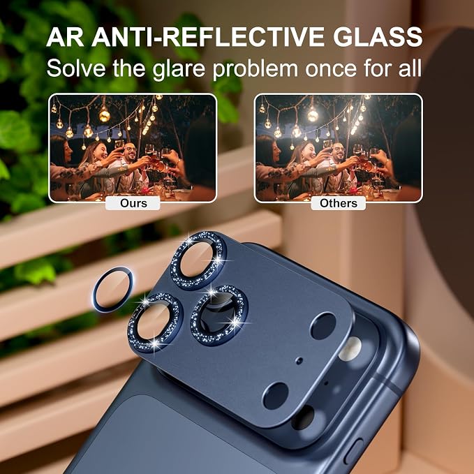 for iPhone 17 Pro Max Camera Lens Protector, Glitter Deep Blue | [Military Grade Shatterproof] [Strong Adsorption] [Case Friendly] Matte Metal Tempered Glass Camera Screen Cover Accessories - Image 3