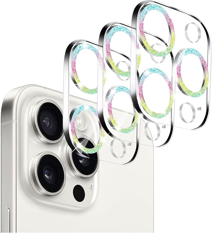 Dengduoduo 3 Pack Tempered Glass Camera Lens Protector for iPhone 15 Pro 6.1" & for iPhone 15 Pro Max 6.7", Bling Glitter Ultra HD, 9H Hardness, Anti-Scratch, Case Friendly [No Affect on Night Shots] by Dengduoduo