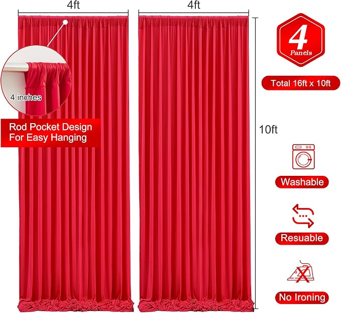 Red Backdrop Curtains 4 Panels-Wrinkle-Free Polyester Photography Drapes Party Photo Backgrounds for Wedding Christmas Photo Backdrops- 16 X10FT (Red) - Image 3