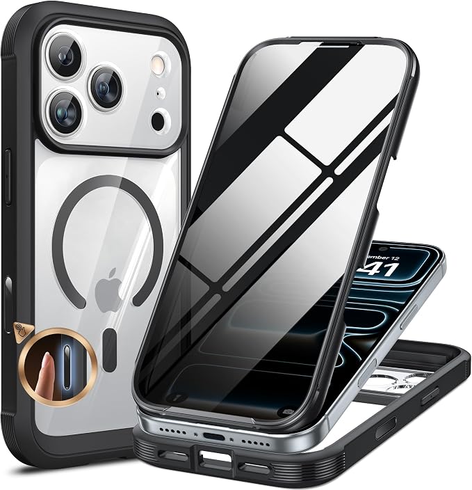 Miracase for iPhone 17 Pro Max Case with Privacy Screen Protector, Black | Compatible with MagSafe, 360° Full Body Protection, Full Camera Protection, Military-Grade Shockproof Phone Case 6.9" by Miracase