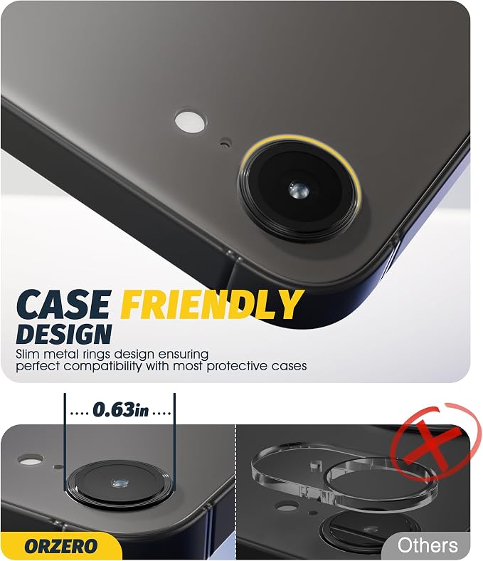 (3 Pack) Orzero Camera Lens Protector for iPhone 17e / iPhone 16e, [EZ Install] [Case-Friendly] 9H Tempered Glass CD Pattern Lens Cover Accessories, Military-Grade Shockproof, HD Clarity Anti-Glare - Black - Image 4