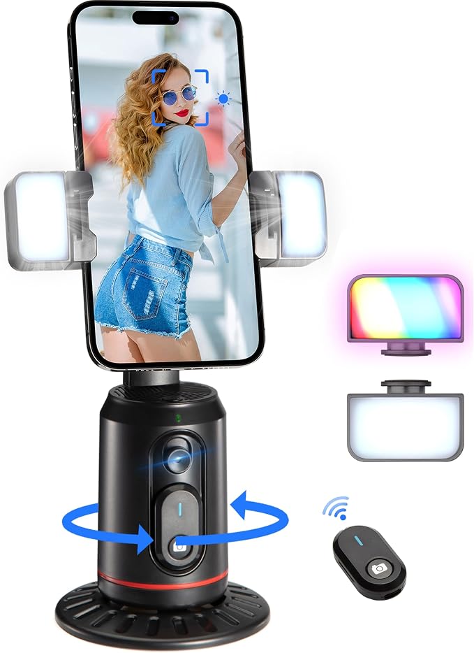 MQOUNY Auto Face Tracking Phone Holder, 360° Rotation Face Body Phone Tripod Smart Shooting Camera Mount with Rechargeable Remote and Light for Live Vlog Streaming Video, Rechargeable by MQOUNY