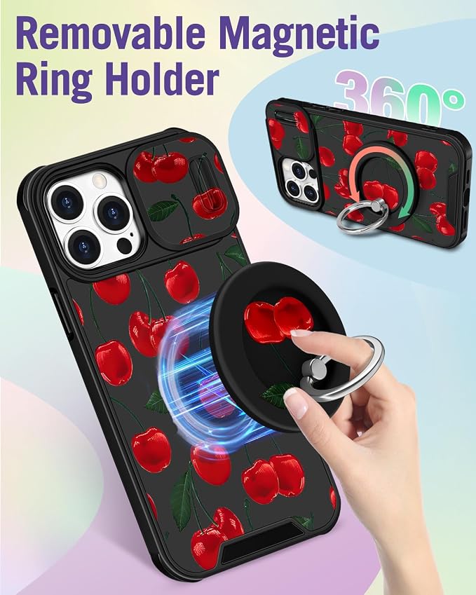 Buleens for iPhone 14 Pro Max Case 6.7 Inch - with Ring Stand & Camera Cover Aesthetic Cute Designed Women Girls Girly Kawaii Pretty Cherry Phone Case for iPhone 14 Pro Max Compatible with Magsafe - Image 3