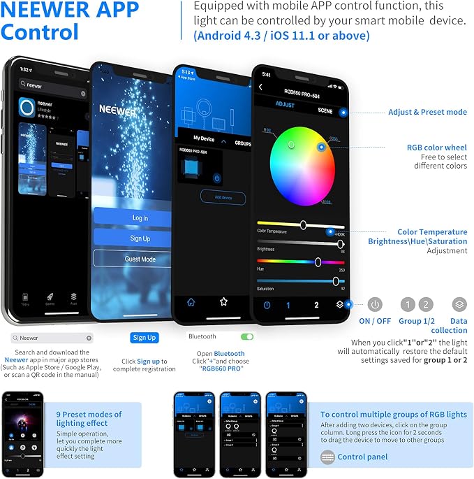 NEEWER 660 PRO RGB LED Video Light with App Control/Barn Door/U Bracket | 360° Full Color, CRI 97+, 50W Panel Studio Light, for Gaming Live Streaming YouTube Webex Recording, Filming, Photography - Image 8