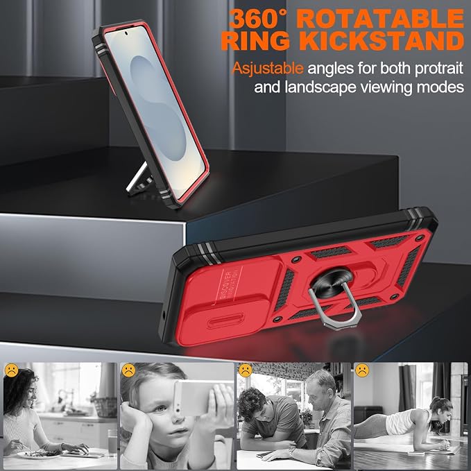 Gritup for Samsung Galaxy S26 Case with Slide Camera Cover | 2*Screen Protector, Build in 360° Rotating Ring Kickstand, Military Grade Protective Cover for Samsung S 26, Red+Black - Image 8
