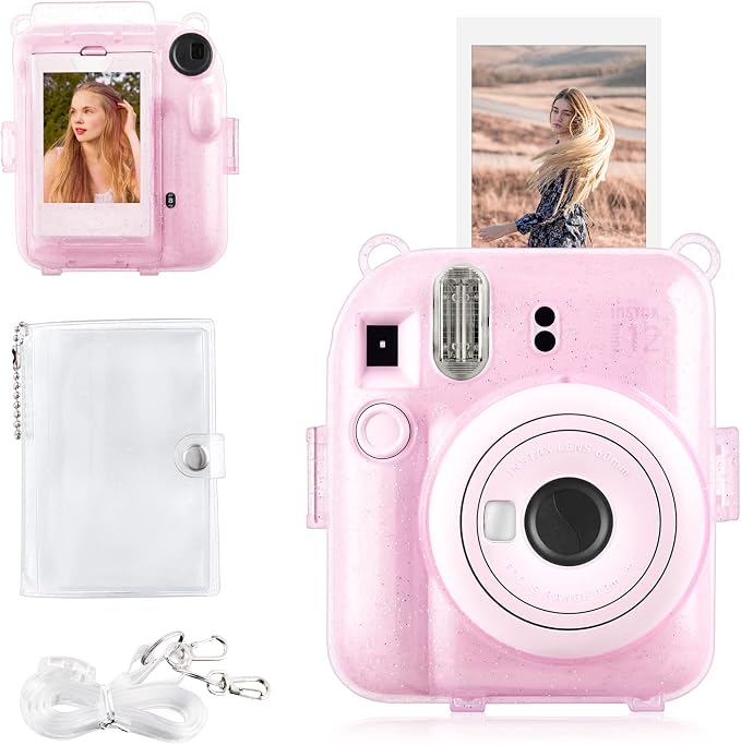 Rieibi Clear Case Compatible with Fuji Instax Mini 12 - Glitter Case Bag for Fujifilm Instax Mini 12 Instant Camera with Back Pocket, Strap and Photo Album - Glitter Pink by Rieibi