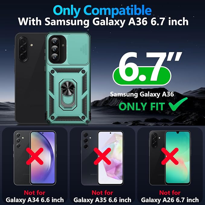 Taisairu for Samsung Galaxy A37 Case/A36 Case with Screen Protector & Slide Camera Lens Cover, Built-in Ring Stand Shockproof Protective Case for Samsung A37 5G Case/Samsung A36 5G Case (Green) - Image 9