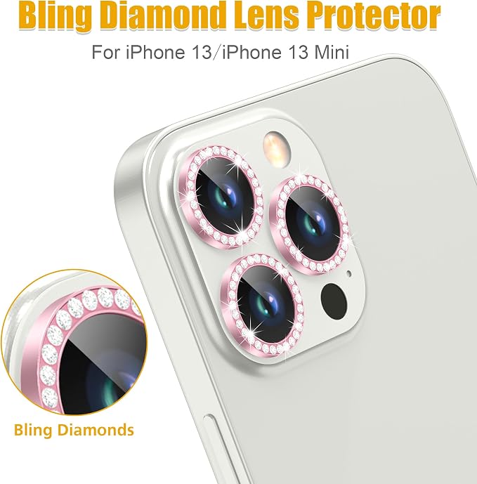 AGVEE 3+3 6 Pack for iPhone 13 Pro & Max Camera Lens Protector Cover | Individual Bling Diamond & Bling Glitter Sparkle Cute Gem Metal Ring, 9H Tempered HD Glass - Image 4