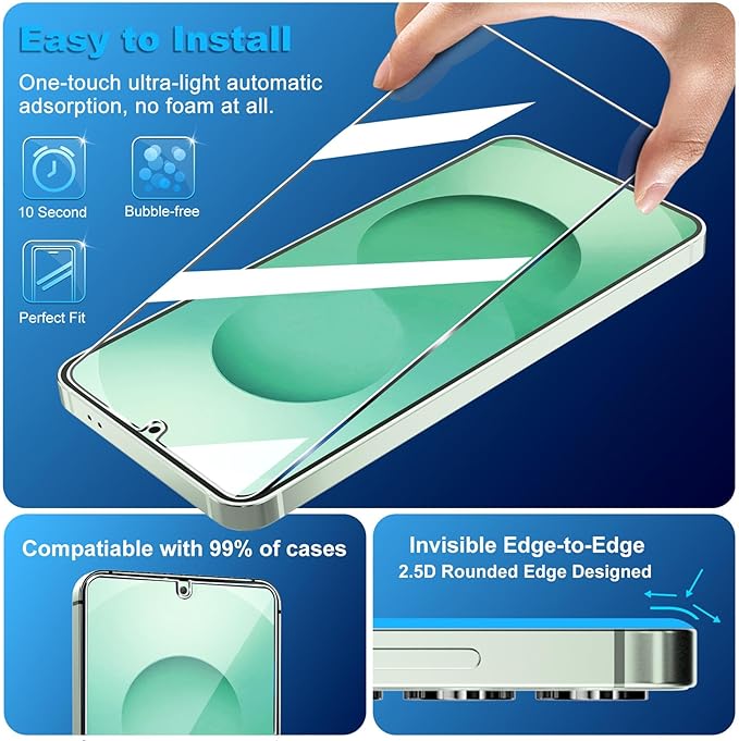 firtstnow 3 Pack for Samsung Galaxy S25 Screen Protector Tempered Glass + 3 Pack Camera Lens Protector, Military Grade Shatterproof, 9H Hardness, Fingerprint Unlock, Case Friendly 6.2 Inch - Image 4