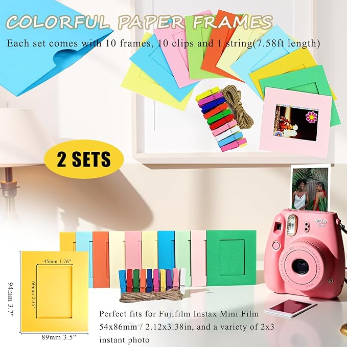2x3 Picture Hanging Paper Frames with Stickers for Instax Mini Films | 20 Frames with Clips & String, 20 Border Stickers, 20 Photo Protector Perfect for 54x86mm Polaroid Mini Photo,Colorful & Cute - Image 2