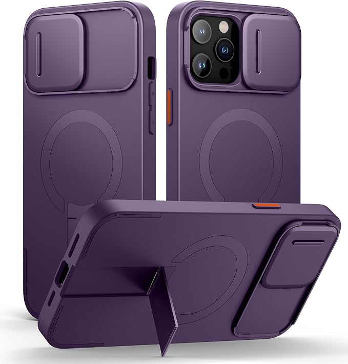 SURITCH for iPhone 13 Pro Max/12 Pro Max Case with Magnetic Camera Slide Cover and Adjustable Kickstand, Compatible with MagSafe, Shockproof Bumper Case Slim Protective Cover 6.7 Inch, Dark Purple by SURITCH