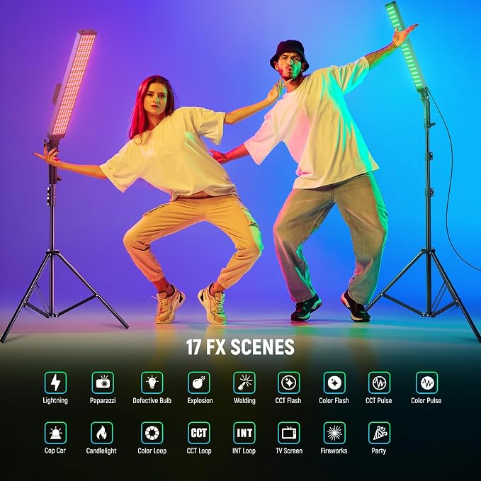 NEEWER Photography RGB Light Stick Kit, 2 Pack LED Video Tube Lights w/Stands, Diffusers, 3250Lux Dimmable Light Wand 2500-10000K CRI95+/TLCI97+ APP/2.4G/Panel Control for Live/Videos/Vlog, BH20C - Image 5