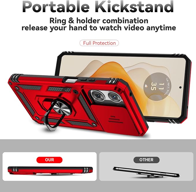 for Motorola Moto G 2025 / Moto G 2026 / Moto G Play 2026 Case, with Slide Camera Cover HD Screen Protector [Military Grade 16ft. Drop Tested] Ring Holder Kickstand Protective Phone Case, Red - Image 7