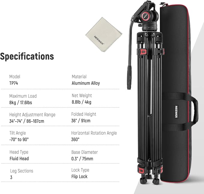 NEEWER 74" Video Tripod with Fluid Head & Damping Control, Aluminum Heavy Duty Camera Stand Professional with QR Plate for DSLR Camcorders for Video Recording, Cleaning Cloth, Max Load 17.6 lbs, TP74 - Image 8