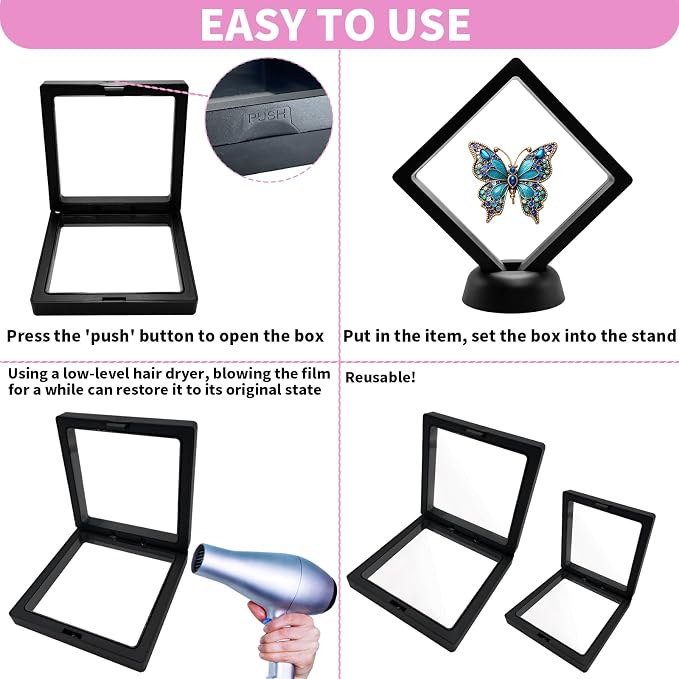 3D Floating Frame Display Cases, 20Pcs Transparent PE Film Jewelry Storage Box with Base Challenge Coin Display Frames Holder Stands Small Shadow Box Frame for AA Medallions Medal, Rock, Ring Necklace - Image 5
