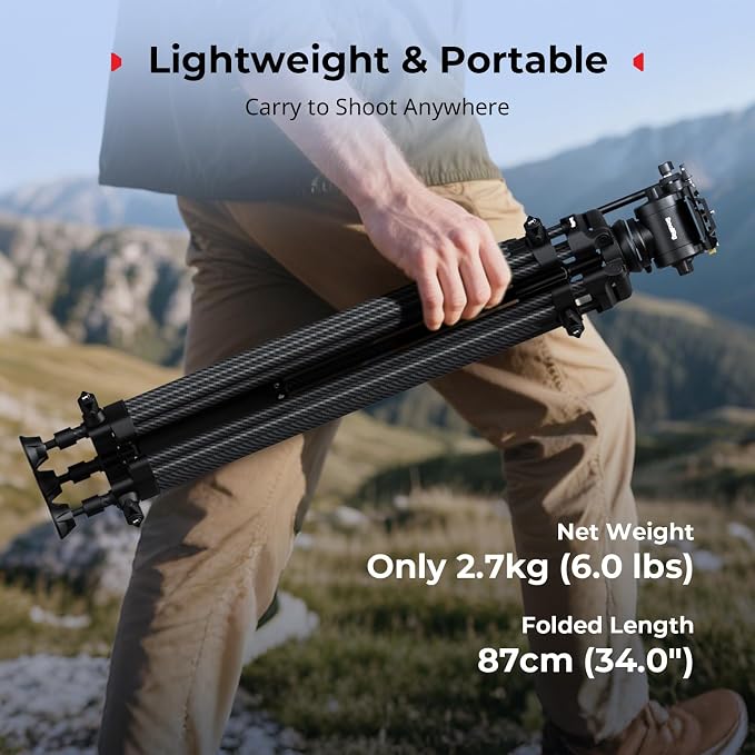 SMALLRIG 73''/185cm Carbon Fiber Heavy Duty Video Tripod, Max Load 10kg (22lbs), Fluid Head with +85° to -78 Tilt Range, Compact Camera Tripod Weight 2.7kg(6lbs), Folded Height 87cm, AD-14 - Image 2